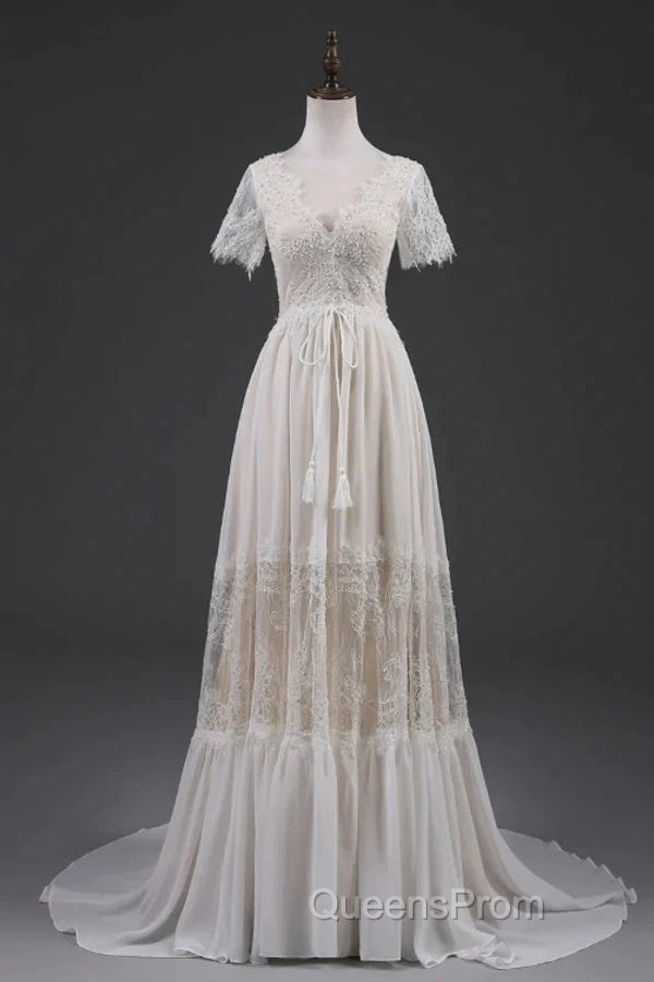 Open Back Short Sleeves V-Neck Lace Beach Wedding Dress