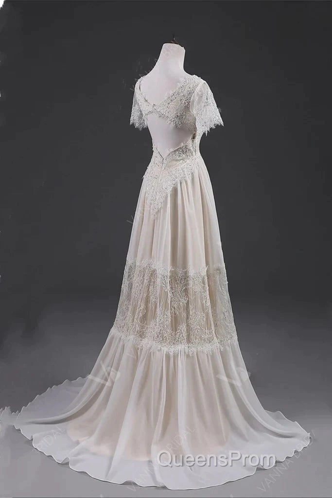 Open Back Short Sleeves V-Neck Lace Beach Wedding Dress