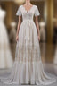 Open Back Short Sleeves V-Neck Lace Beach Wedding Dress