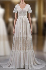 Open Back Short Sleeves V-Neck Lace Beach Wedding Dress