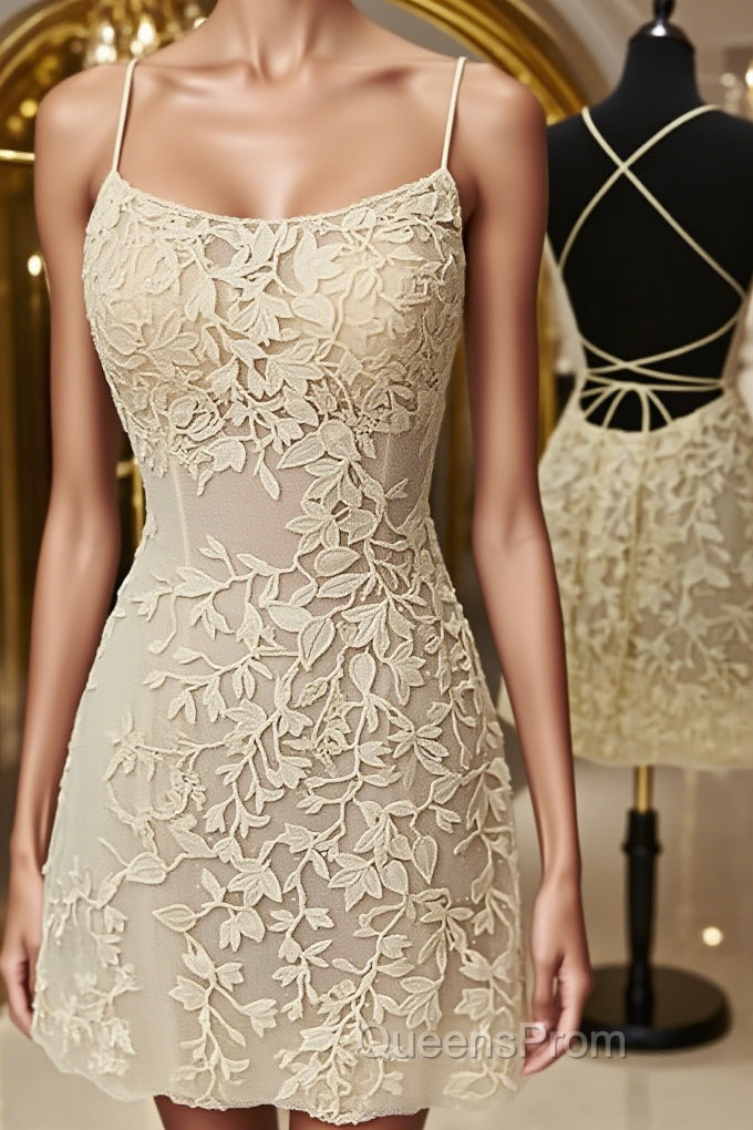 Open Back Short Yellow Lace Evening Prom Dress, Short Backless Yellow Lace Formal Homecoming Dress