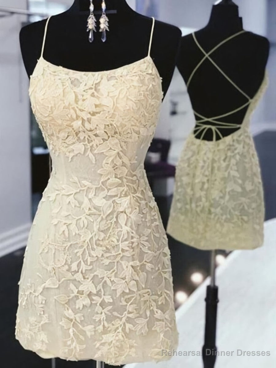 Open Back Short Yellow Purple Lace Prom Dresses, Short Backless Lace Formal Homecoming Dresses Secondary image