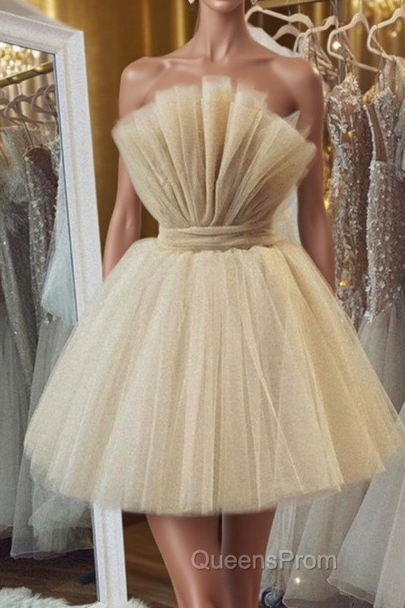 Open Back Strapless Champagne Tulle Short Evening Prom Homecoming Dress, Strapless Champagne Formal Graduation Evening Dress Main image