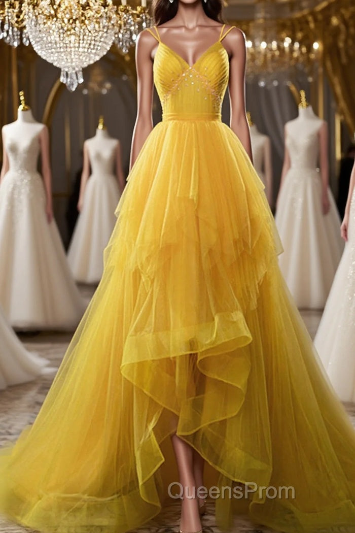 Open Back V Neck High Low Yellow Tulle Long Evening Prom Dress, High Low Yellow Formal Evening Dress Main image