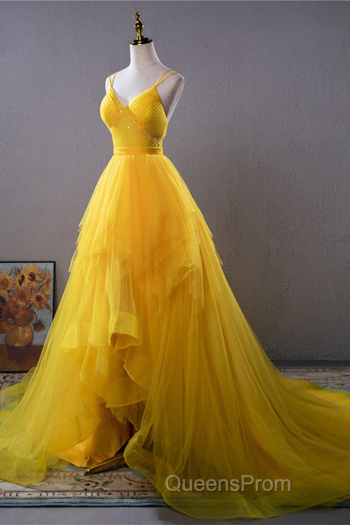 Open Back V Neck High Low Yellow Tulle Long Evening Prom Dress, High Low Yellow Formal Evening Dress Secondary image