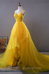 Open Back V Neck High Low Yellow Tulle Long Evening Prom Dress, High Low Yellow Formal Evening Dress
