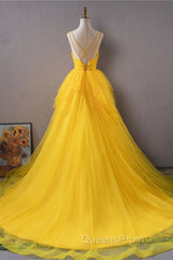 Open Back V Neck High Low Yellow Tulle Long Evening Prom Dress, High Low Yellow Formal Evening Dress