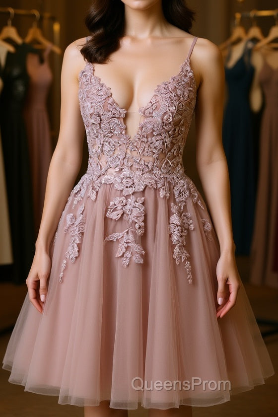Open Back V Neck Pink Lace Appliques Evening Prom Dress, Pink Lace Homecoming Dress, Short Pink Formal Graduation Evening Dress Main image