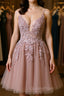 Open Back V Neck Pink Lace Appliques Evening Prom Dress, Pink Lace Homecoming Dress, Short Pink Formal Graduation Evening Dress