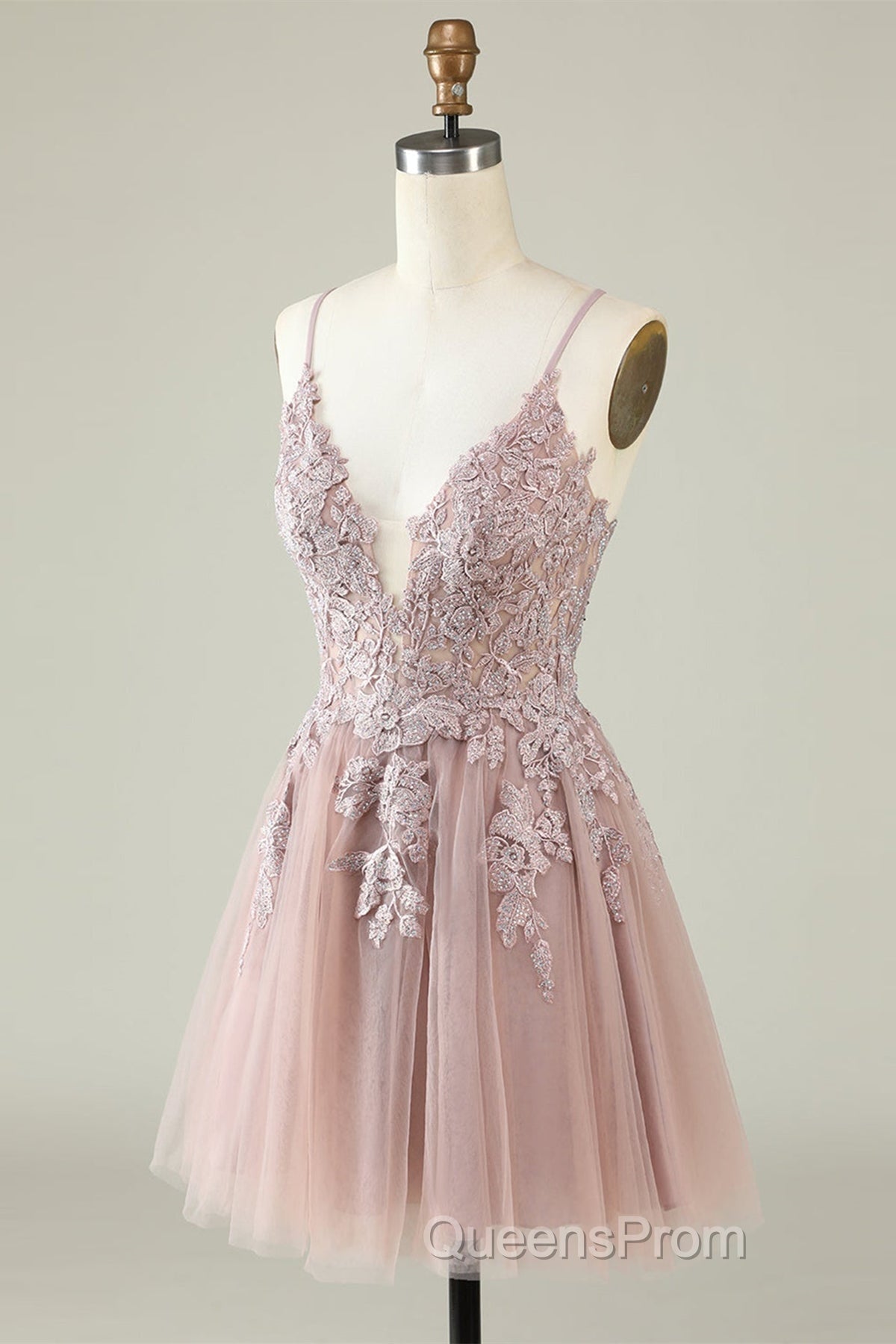Open Back V Neck Pink Lace Appliques Evening Prom Dress, Pink Lace Homecoming Dress, Short Pink Formal Graduation Evening Dress Secondary image
