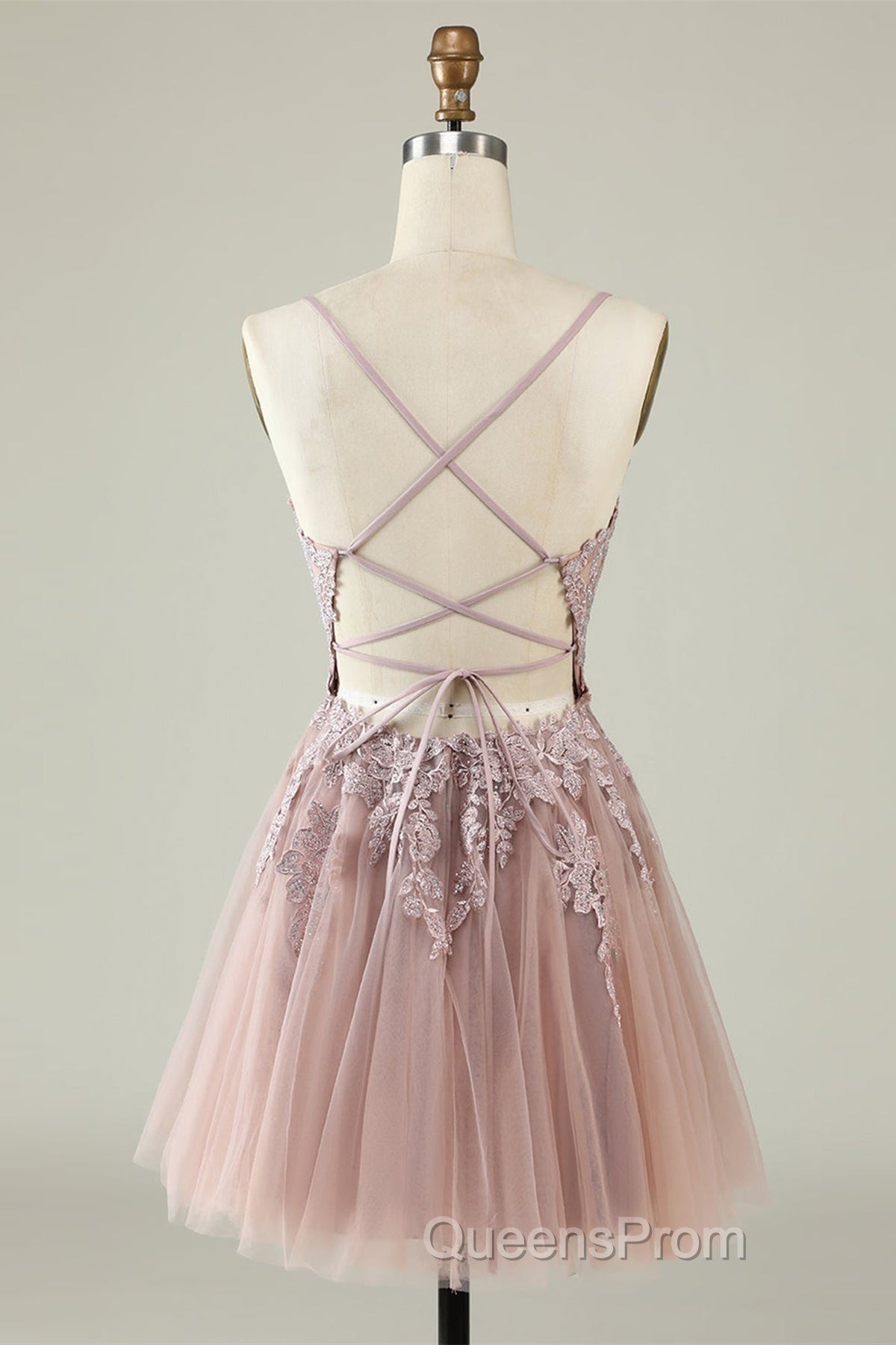Open Back V Neck Pink Lace Appliques Evening Prom Dress, Pink Lace Homecoming Dress, Short Pink Formal Graduation Evening Dress