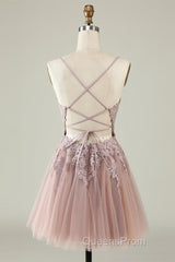 Open Back V Neck Pink Lace Appliques Evening Prom Dress, Pink Lace Homecoming Dress, Short Pink Formal Graduation Evening Dress