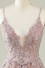 Open Back V Neck Pink Lace Appliques Evening Prom Dress, Pink Lace Homecoming Dress, Short Pink Formal Graduation Evening Dress