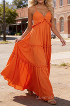 Orange A-line V Neck Sleeveless Floor-Length Chiffon Prom Dress Long Prom Dresses Backless with Pleated Ruffles
