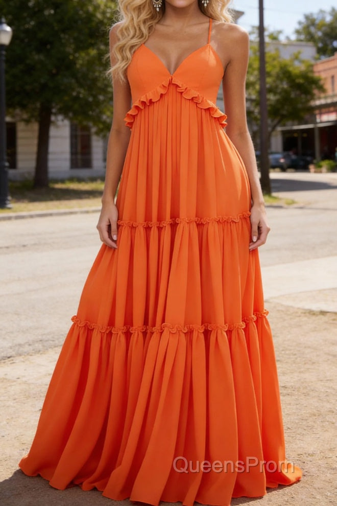 Orange A-line V Neck Sleeveless Floor-Length Chiffon Prom Dress Long Prom Dresses Backless with Pleated Ruffles Main image