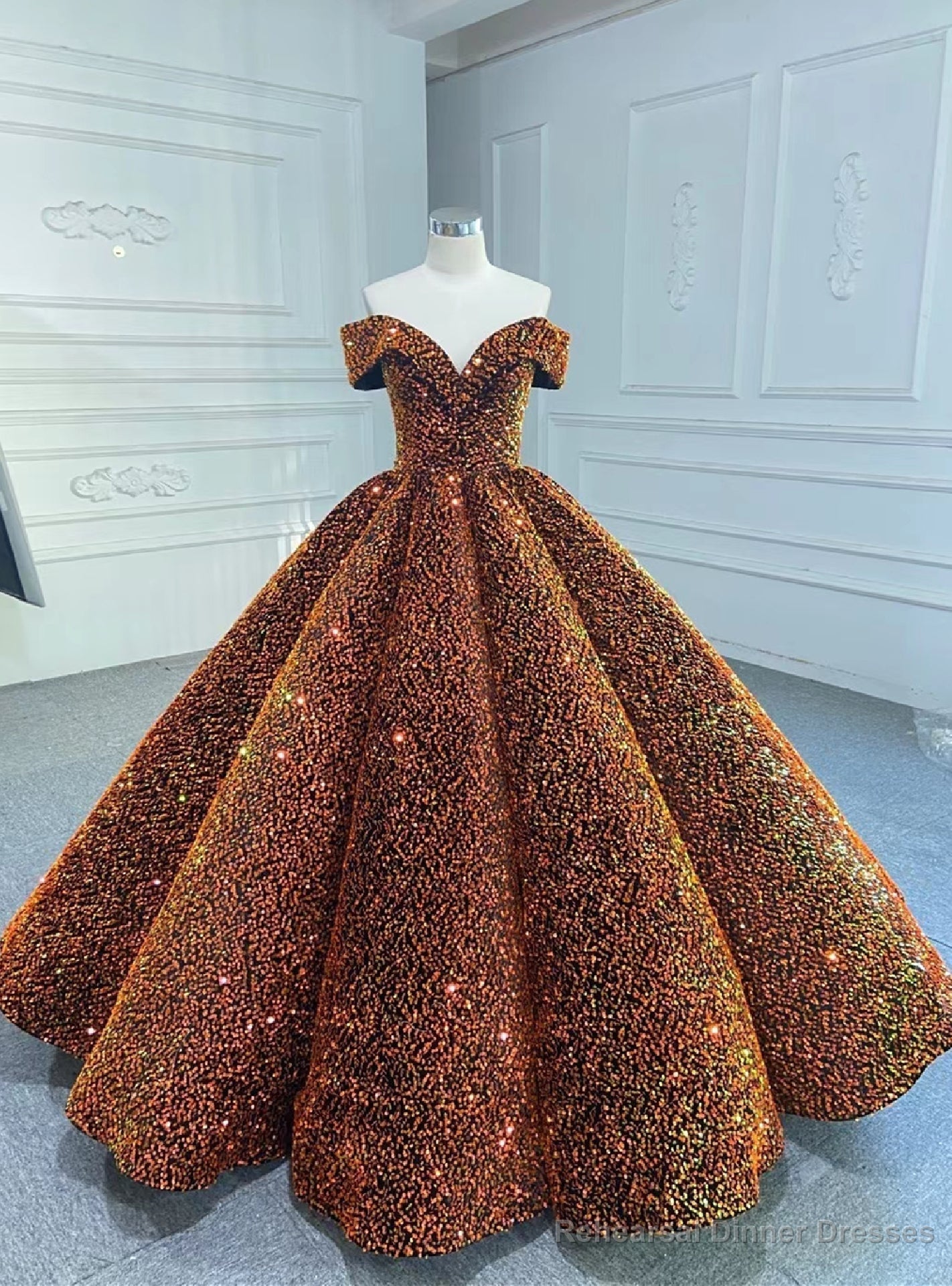 Orange Ball Gown Sequins Off the Shoulder Prom Dress Main image