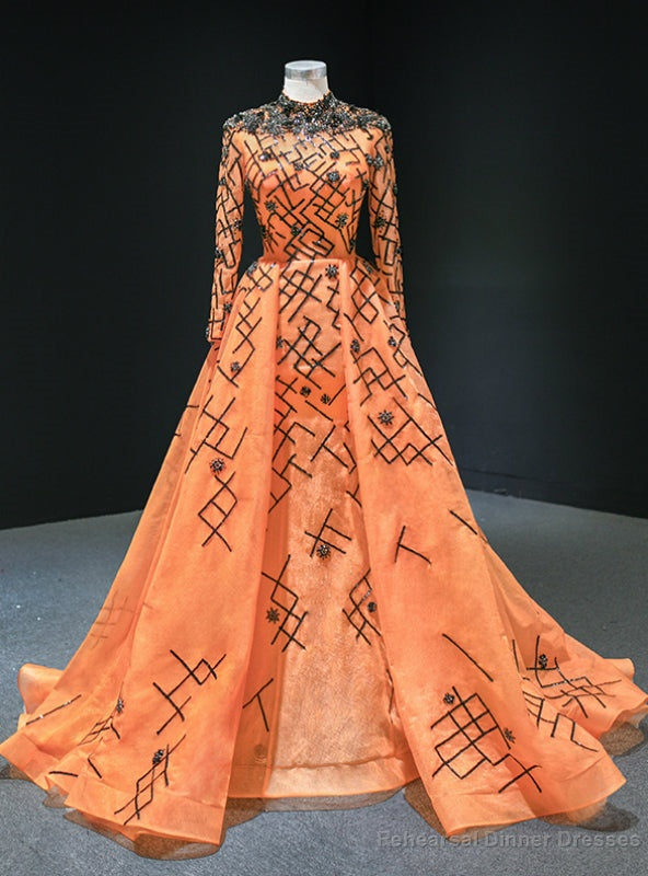 Orange Ball Gown Tulle Sequins Long Sleeve High Neck Prom Dress Main image