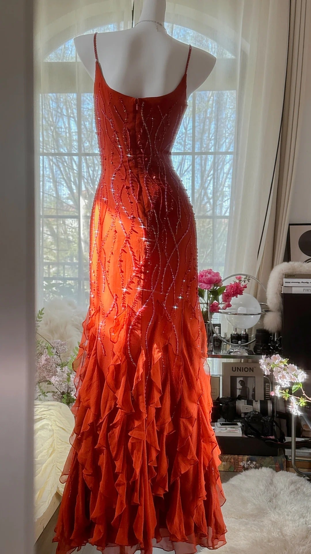 Orange Beautiful Charming Fashion Elegant Shiny Exquisite Beaded Long Chiffon Ball Gown Classy Evening Gown Birthday Party Gown Classy Prom Gown Graduation Gown Secondary image