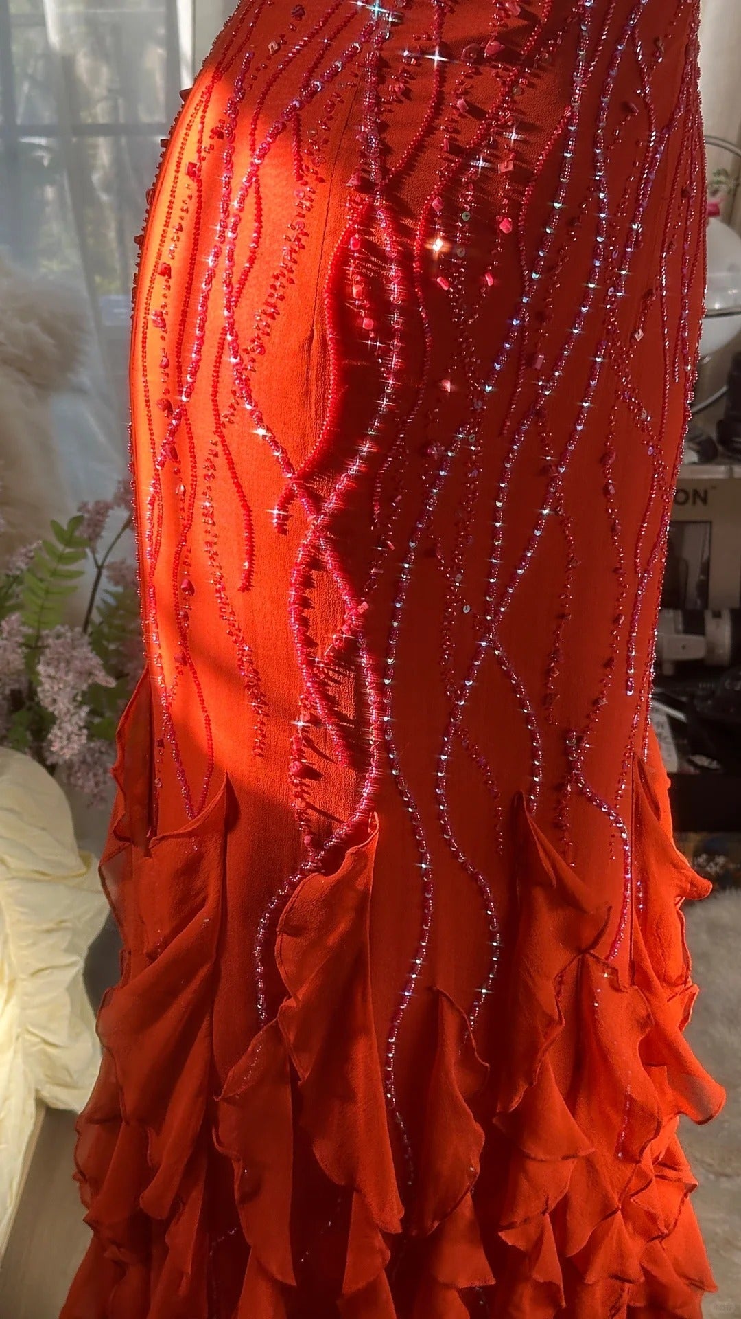 Orange Beautiful Charming Fashion Elegant Shiny Exquisite Beaded Long Chiffon Ball Gown Classy Evening Gown Birthday Party Gown Classy Prom Gown Graduation Gown