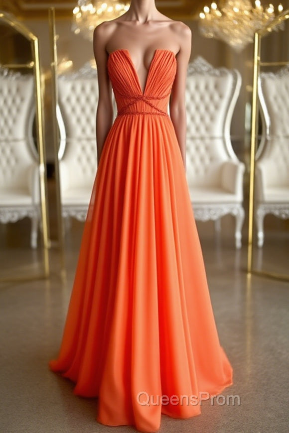 Orange Chiffon Long Evening Prom Dress, Orange Long Formal Evening Dress Main image