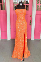 Orange Lace-Up Sequins Prom Dress with Slit
