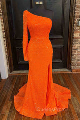 Orange Long Sleeve Sequined Evening Prom Dress With Slit