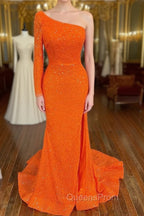 Orange Long Sleeve Sequined Evening Prom Dress With Slit