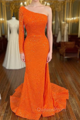Orange Long Sleeve Sequined Evening Prom Dress With Slit