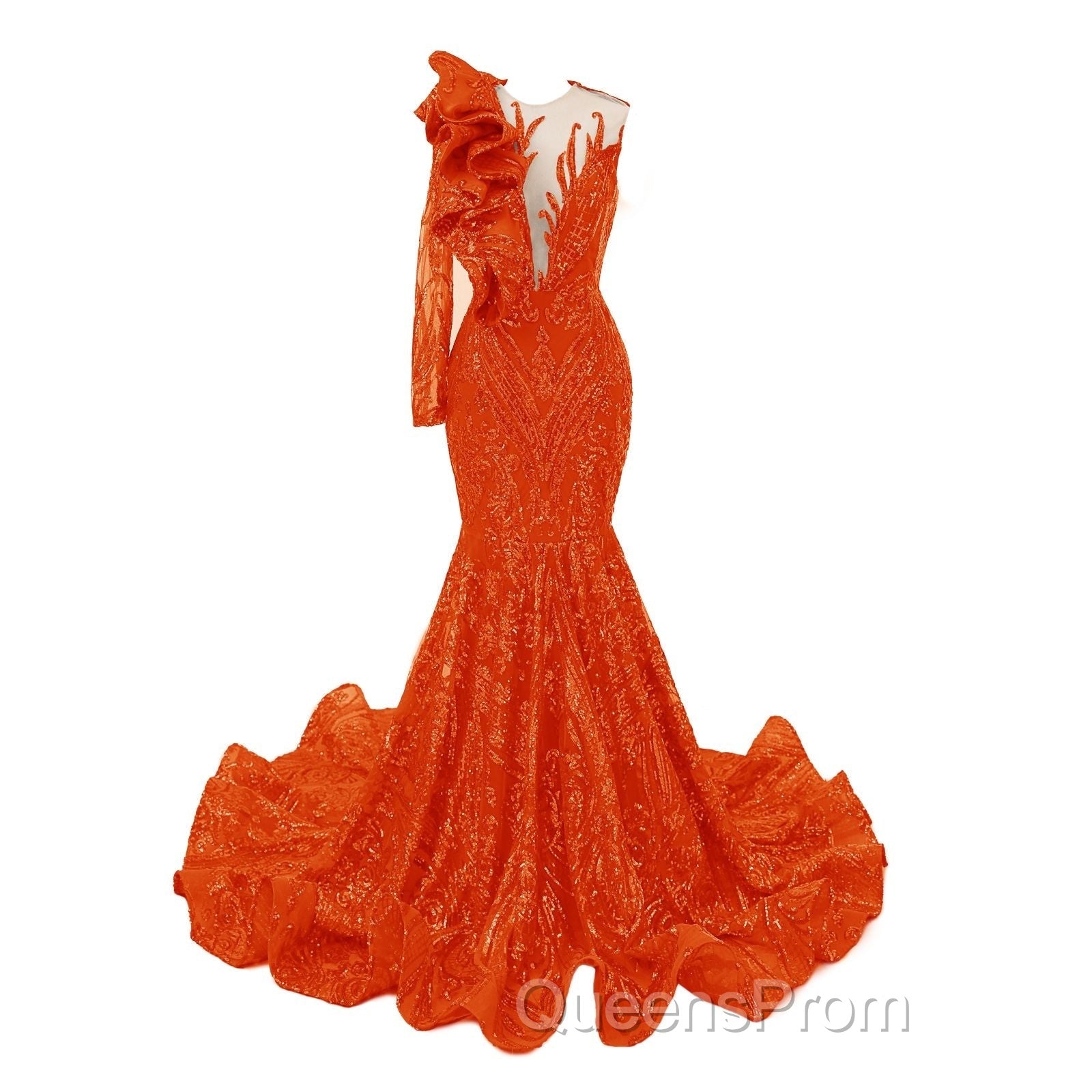 Orange Mermaid One Sleeve Evening Prom Dress Sequined Lace Jewel Ruffles Evening Party Dress with Appliques Secondary image