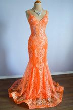Orange Mermaid Spaghetti Straps Sequins Applique Long Classy Dress