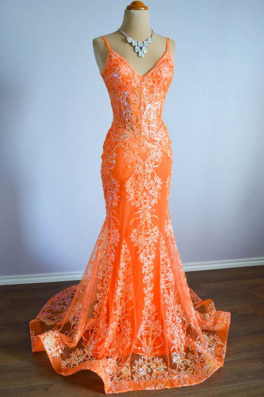 Orange Mermaid Spaghetti Straps Sequins Applique Long Classy Dress
