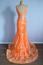 Orange Mermaid Spaghetti Straps Sequins Applique Long Classy Dress