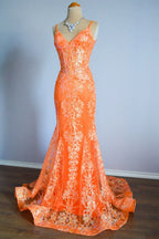Orange Mermaid Spaghetti Straps Sequins Applique Long Classy Dress