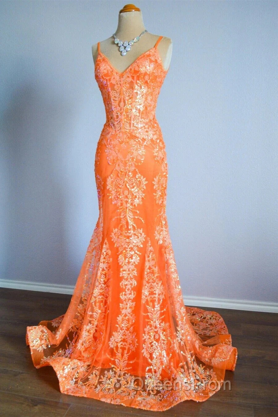 Orange Mermaid Spaghetti Straps Sequins Applique Long Evening Prom Dress Tulle Evening Dress