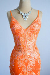 Orange Mermaid Spaghetti Straps Sequins Applique Long Evening Prom Dress Tulle Evening Dress