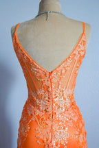 Orange Mermaid Spaghetti Straps Sequins Applique Long Evening Prom Dress Tulle Evening Dress
