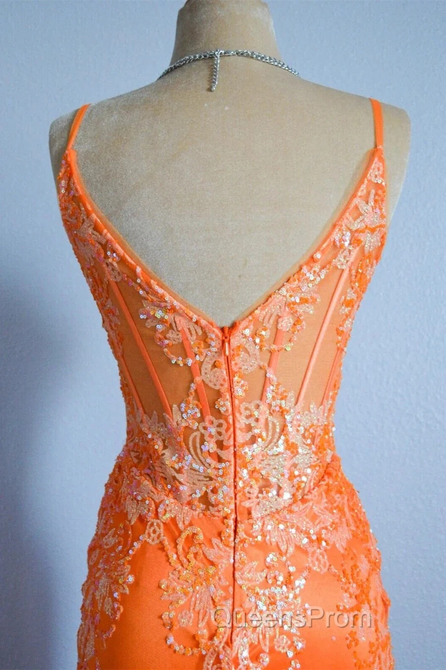 Orange Mermaid Spaghetti Straps Sequins Applique Long Evening Prom Dress Tulle Evening Dress
