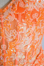 Orange Mermaid Spaghetti Straps Sequins Applique Long Evening Prom Dress Tulle Evening Dress