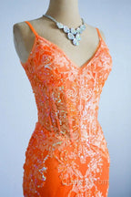 Orange Mermaid Spaghetti Straps Sequins Applique Long Evening Prom Dress Tulle Evening Dress