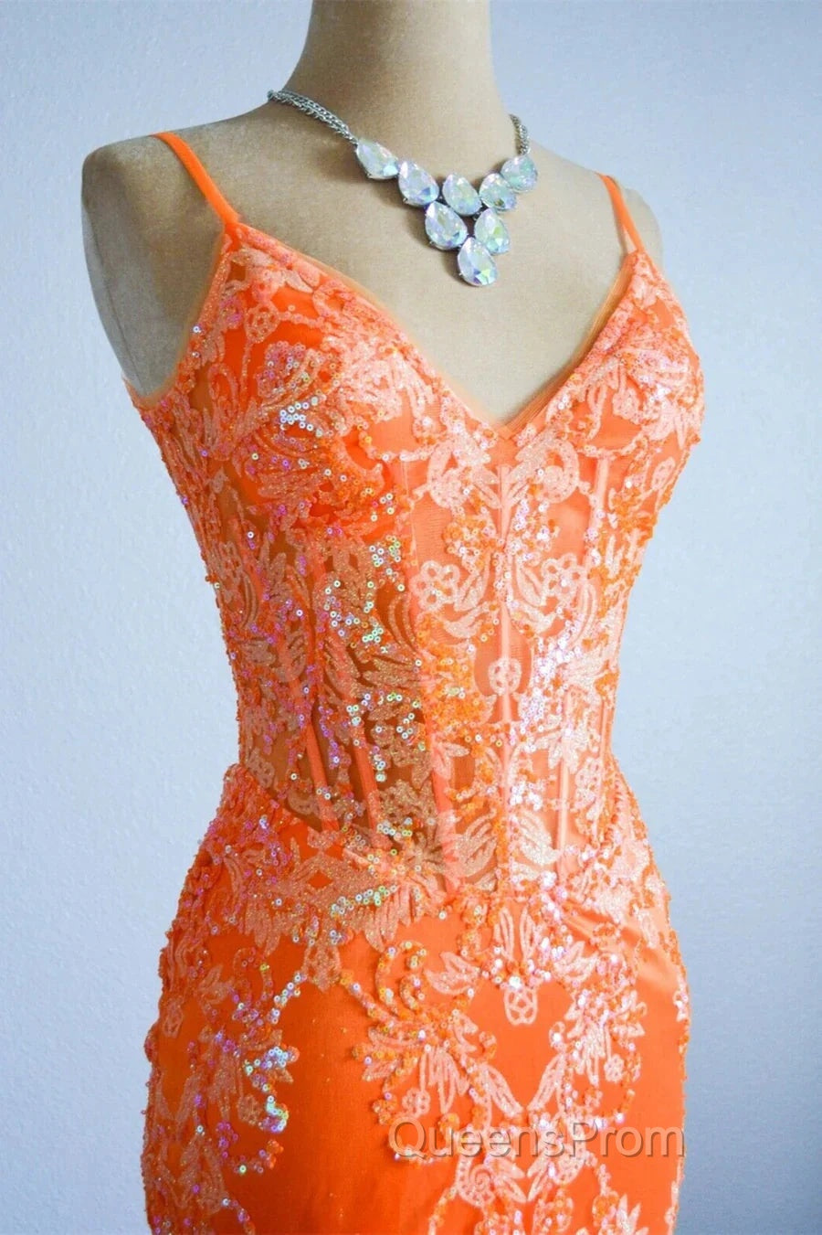 Orange Mermaid Spaghetti Straps Sequins Applique Long Evening Prom Dress Tulle Evening Dress
