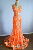 Orange Mermaid Spaghetti Straps Sequins Applique Long Evening Prom Dress Tulle Evening Dress
