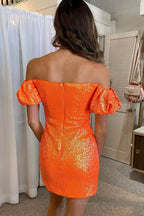 Orange Off the Shoulder Sequins Tight Homecoming Dress with Slit