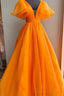 Orange Plunge V Ruffled Sleeve A-Line Long Formal Dress