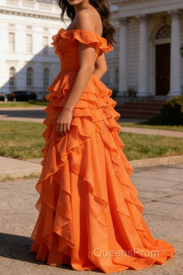Orange Ruffled A-Line Square Neck Long Prom Dress Secondary image