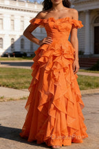 Orange Ruffled A-Line Square Neck Long Prom Dress