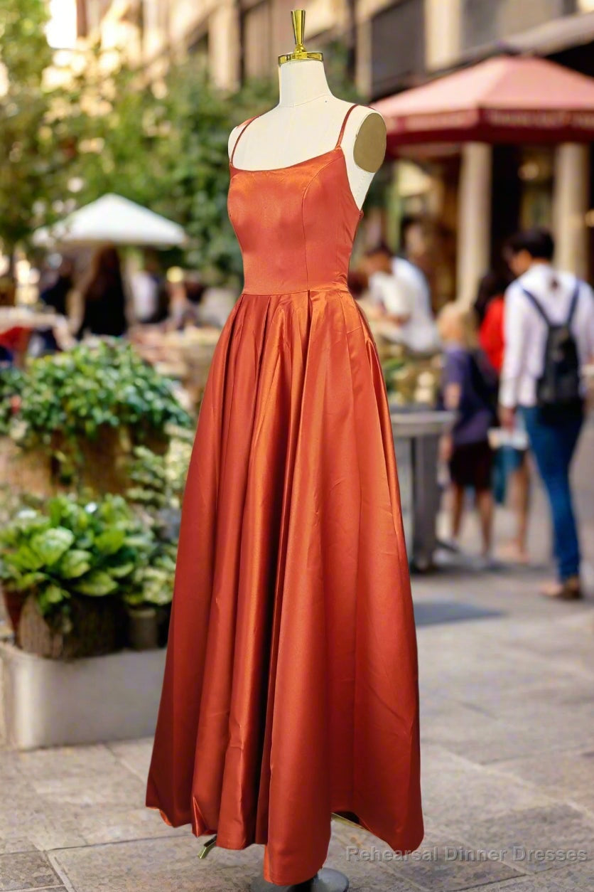 Orange Satin Prom Dresses A-line Square Neckline Spaghetti Straps Sweep Train Evening Dresses Secondary image