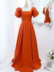 Orange Satin Short Sleeve Square Prom Dress