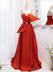 Orange Satin Spaghetti Straps Bow Prom Dress