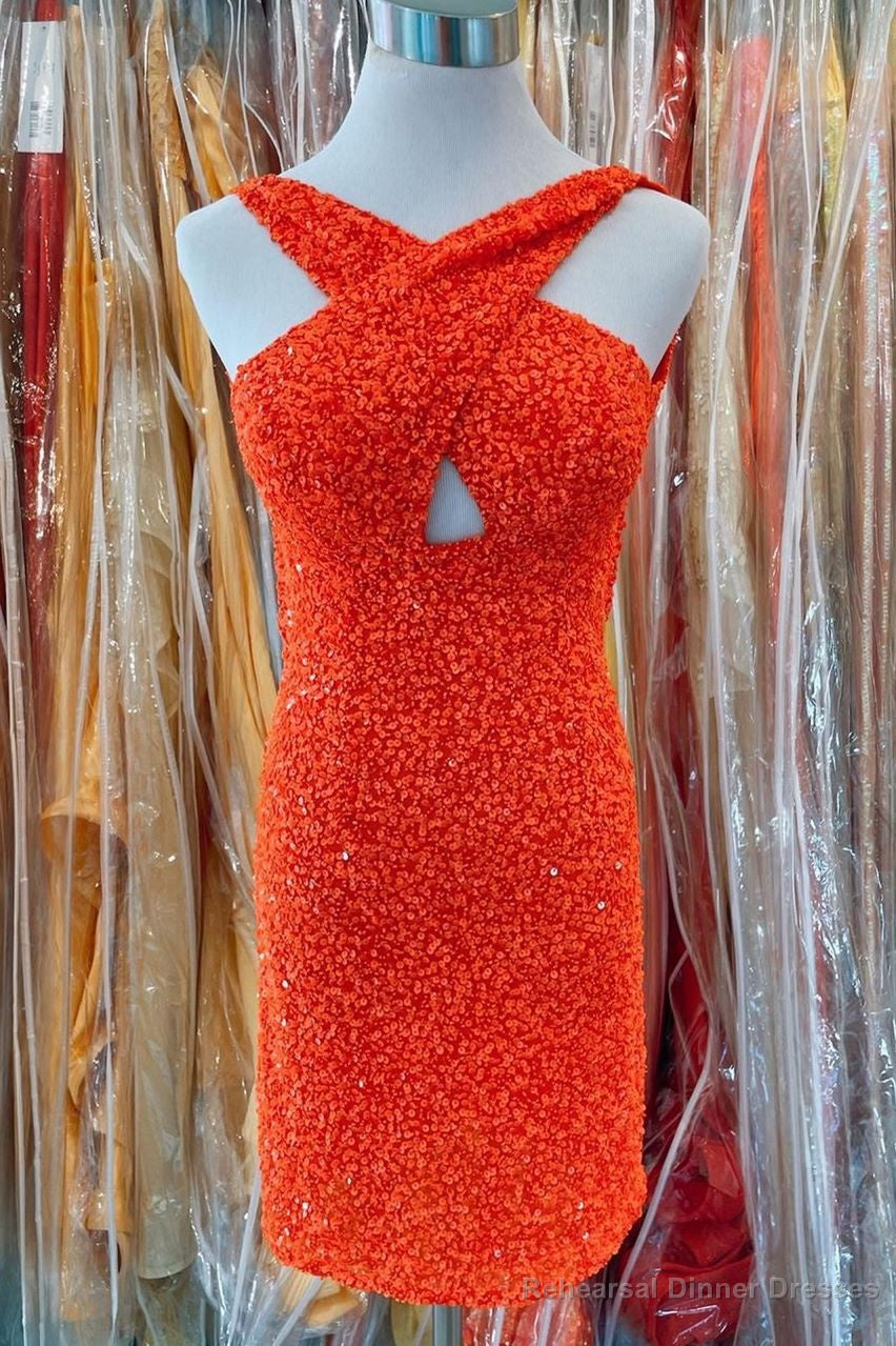 Orange Sequins Cross Front Bodycon Mini Party Dresses Main image