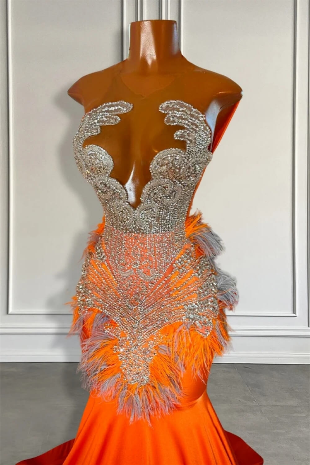 Orange Sleeveless Illusion Mermaid Prom Dresses With Beadings And Feather Secondary image